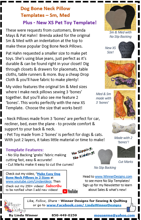 Dog Bone Templates XS, Sm, Med - Toy, Neck Pillows