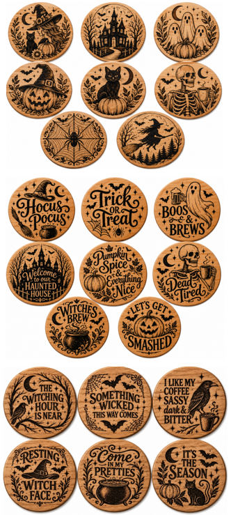Halloween Coasters - Laser Etched Wood