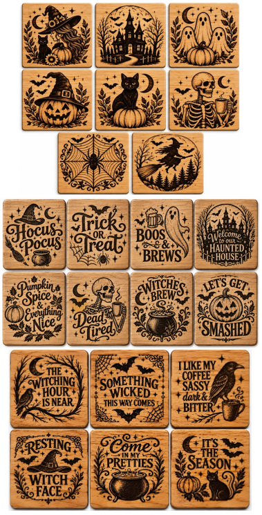 Halloween Coasters - Laser Etched Wood